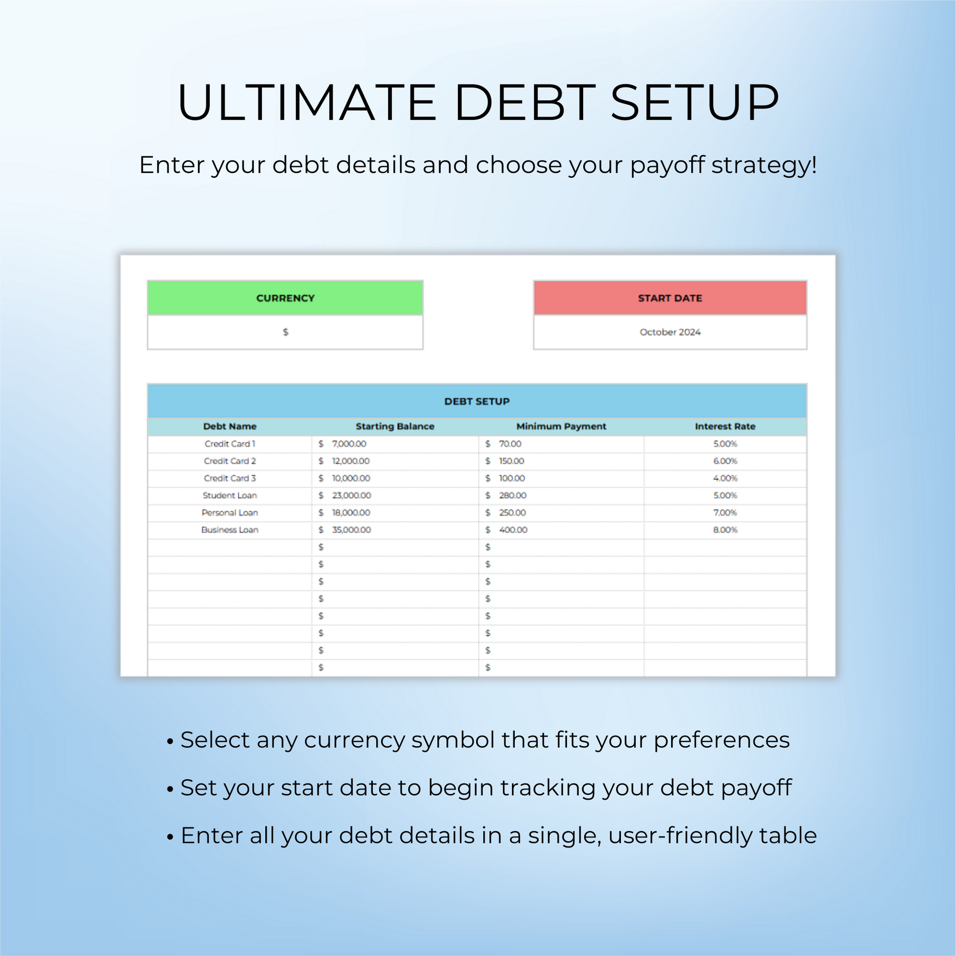 Steps to set up debts in the Advanced Debt Tracker Template