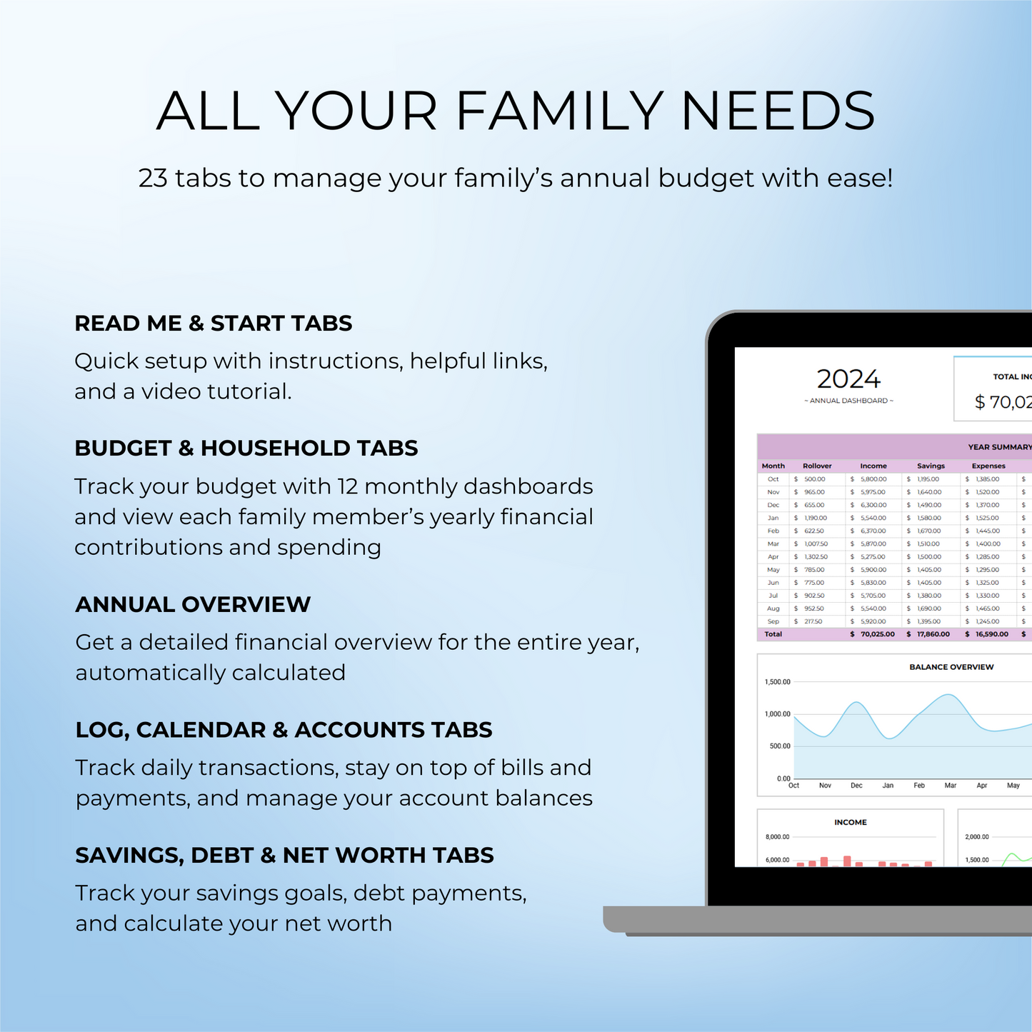 Overview of 23 tabs in the Advanced Family Annual Budget Template, with key features