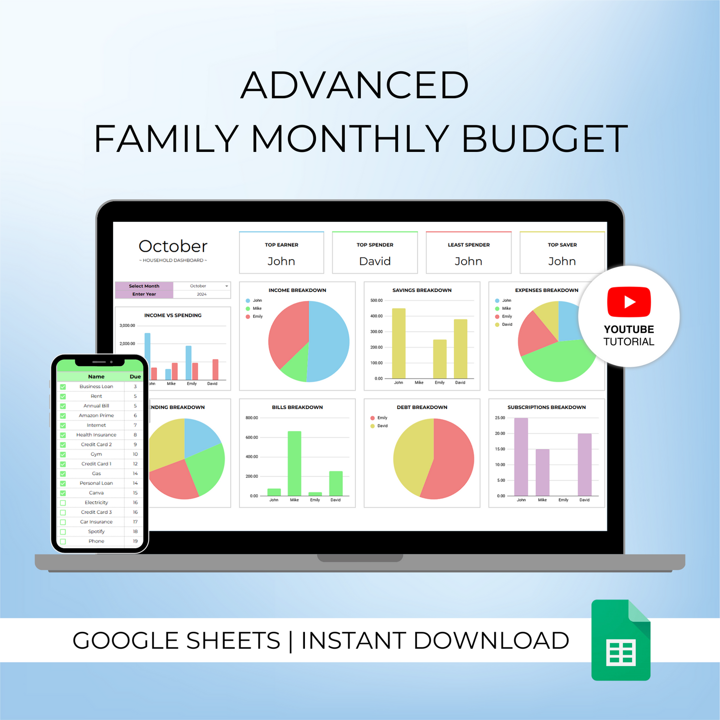 Mockup of Advanced Family Monthly Budget Template for Google Sheets