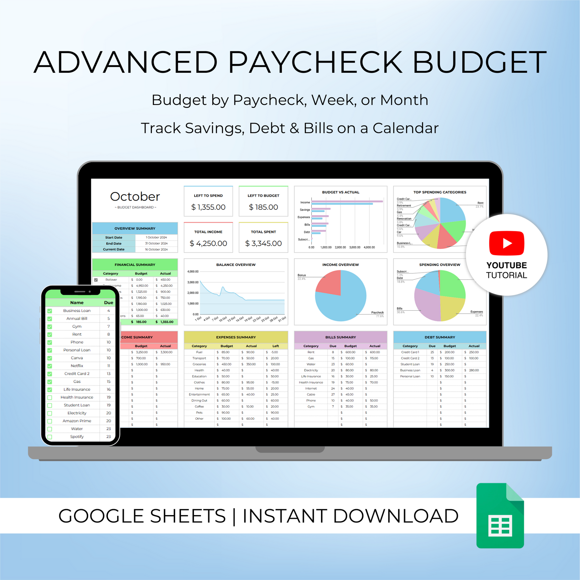 Mockup of the Advanced Paycheck Budget Template for Google Sheets