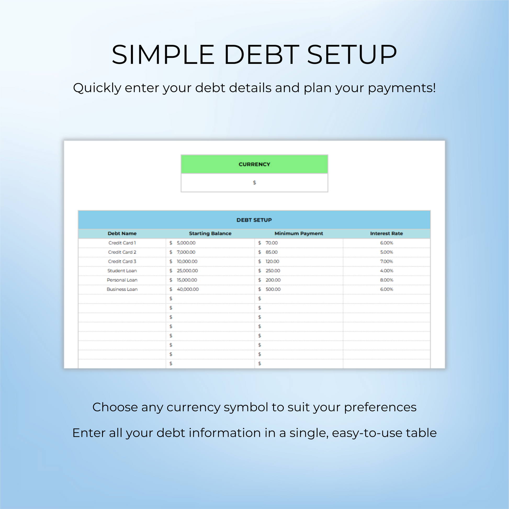 Steps to set up multiple debts in the Debt Payoff Tracker Template