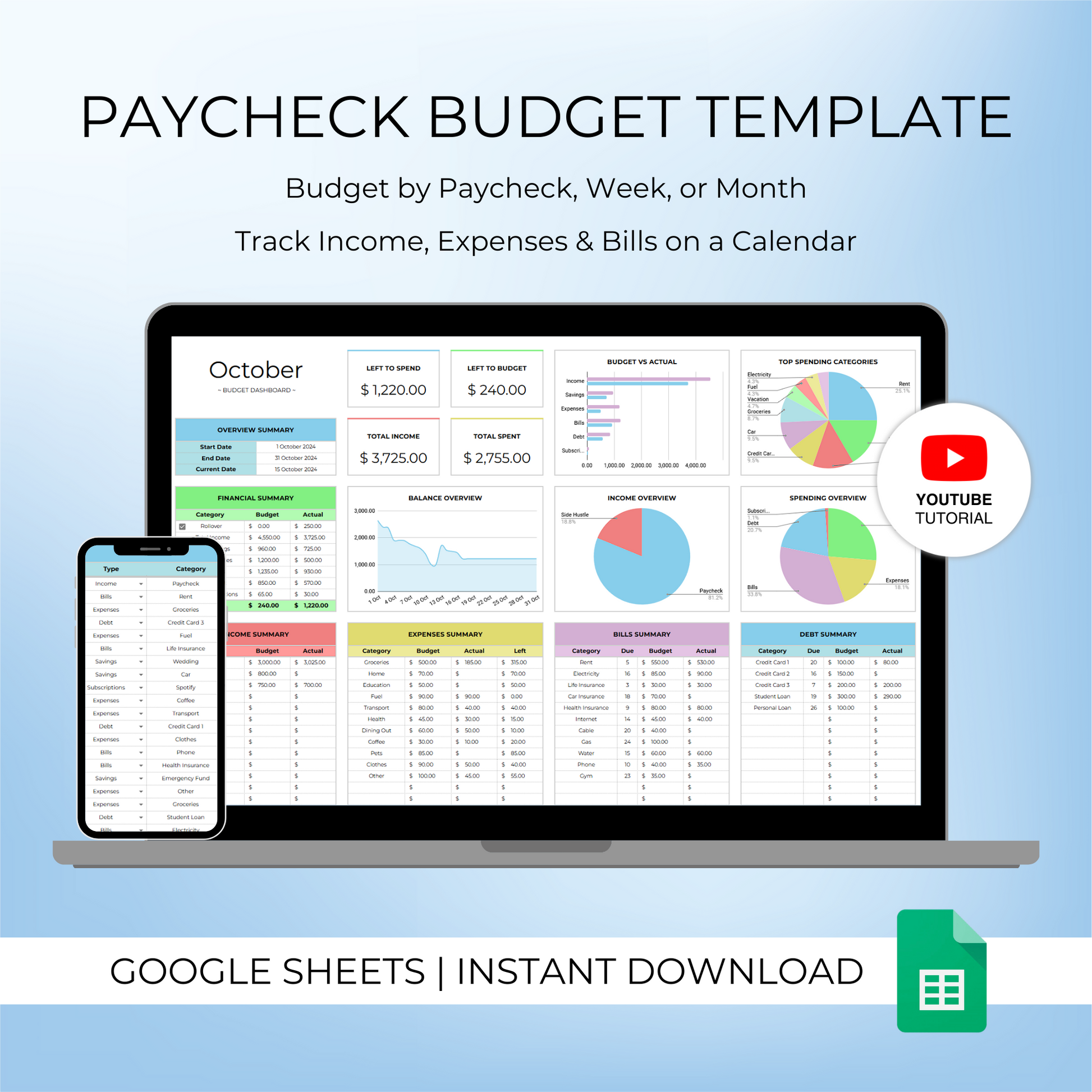 Mockup of Paycheck Budget Template for Google Sheets