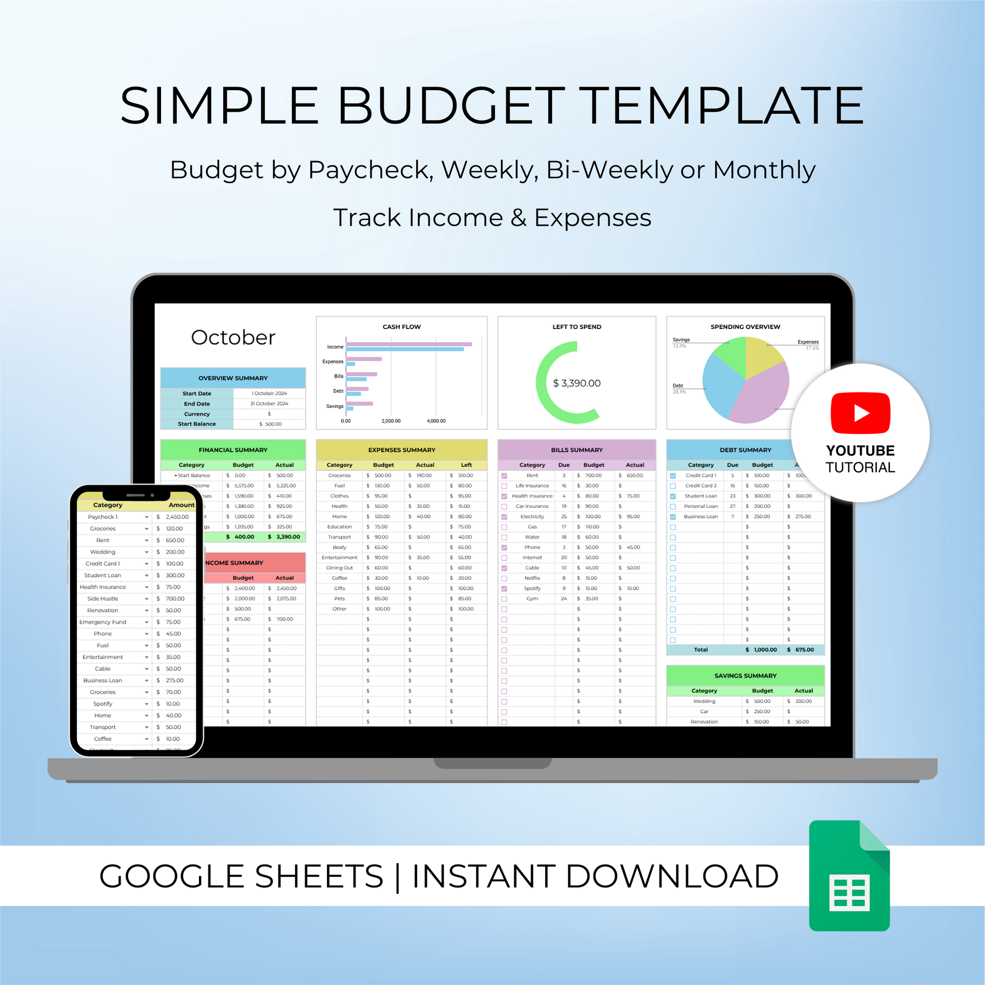 Mockup of Simple Budget Template for Google Sheets