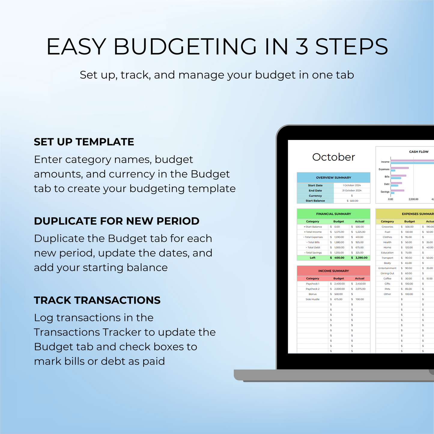 3 steps on how to set up and use the Simple Budget Template