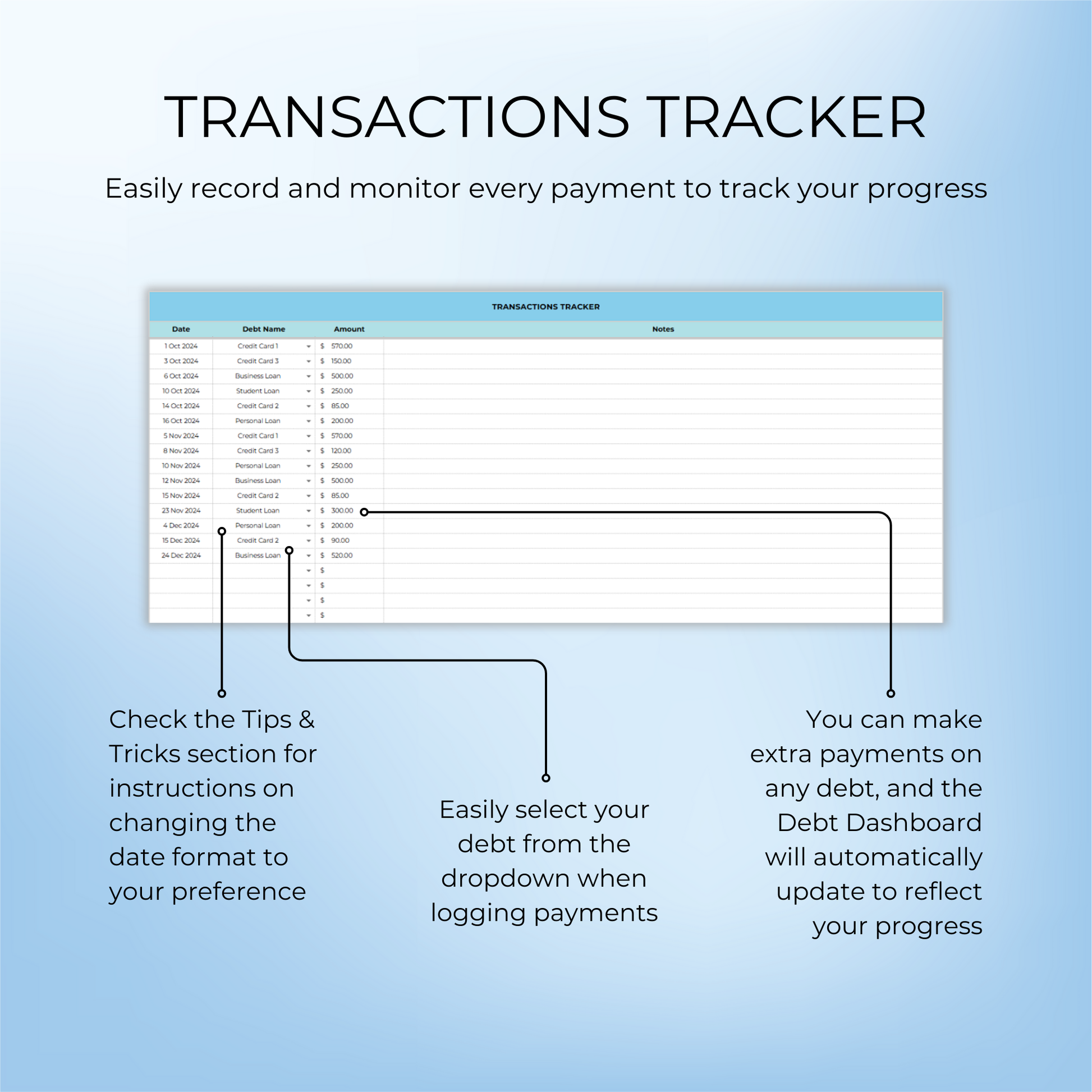 Transactions tracker for recording debt payments in Google Sheets