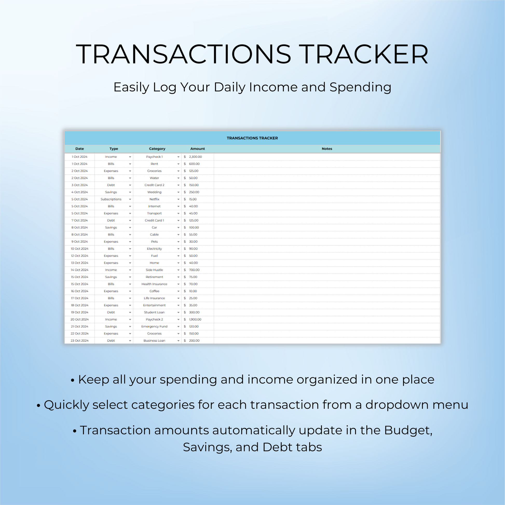 Transactions tracker for logging transactions with customizable categories in Google Sheets